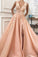 A line Pink V Neck Prom Dresses with Slit Lace Appliques Prom Gowns JS590