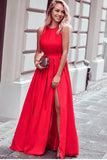 A line Red High Slit Prom Dresses Scoop Ruffles Floor Length Evening Dresses JS677