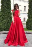 A line Red Lace Satin Prom Dresses Short Sleeve Round Neck Long Evening Dresses JS613