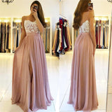 A line Spaghetti Straps Chiffon Sweetheart Prom Dresses with Slit Lace JS594