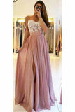 A line Spaghetti Straps Chiffon Sweetheart Prom Dresses with Slit Lace JS594