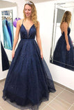 A line Spaghetti Straps V Neck Prom Dresses Sparkly Navy Blue Long Evening Dresses JS621