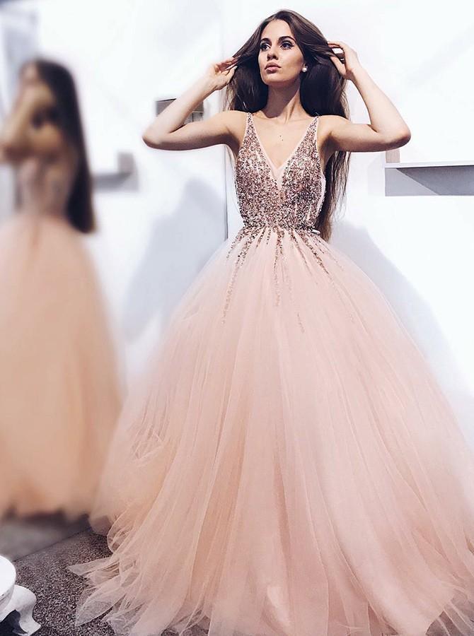 A line Tulle Blush Pink Prom Dresses with Beaded Sequins V Neck Bodice JS653