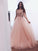 A line Tulle Blush Pink Prom Dresses with Beaded Sequins V Neck Bodice JS653