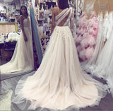 A line Tulle One Shoulder Prom Dresses with Sleeves 3D Flowers Evening Dress JS523