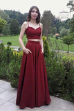 A line Two Pieces Spaghetti Straps Prom Dresses with Pockets Sweetheart Prom Gowns JS624