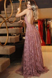 A line V Neck Pink Lace Backless Appliques Prom Dresses Sleeveless Evening Dresses JS555