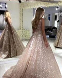 A line V Neck Sequins Prom Dresses Long Straps V Back Evening Dresses JS678
