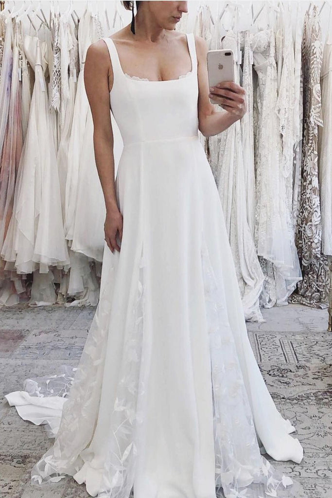 A line White Satin Wedding Dresses With Tulle Appliques Spaghetti Straps Bridal Dress