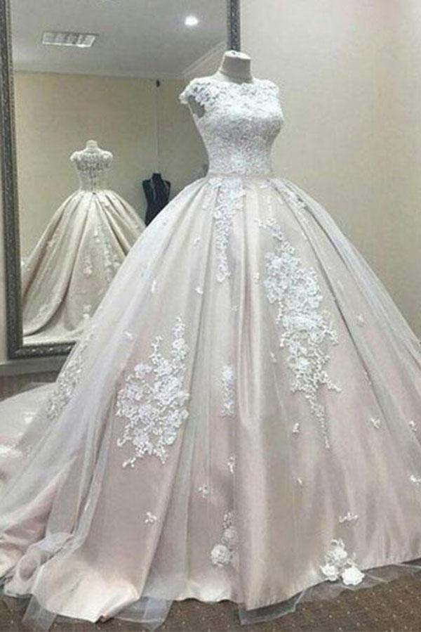 Ball Gown A Line Lace Tulle Appliques Cap Sleeves Scoop Prom Dresses Quinceanera Dress JS812