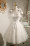 Pretty Ivory Tulle Lace Appliques Bowknot Short Homecoming Dresses