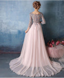 Scoop A-line Pink Chiffon with Silver Lace Appliqued Long 3/4 Sleeves Prom Dresses JS311
