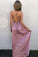 A-Line V Neck Criss Cross Back Blush Pink Satin Floor Length Prom Dresses with Split JS12