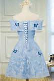 Cute A Line Sky Blue Lace Butterfly Appliques Off the Shoulder Homecoming Dresses JS977