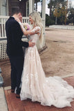 A line V Neck Asymmetrical Long Sleeve Lace Tulle Wedding Dresses With Train