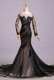 Mermaid Black Tulle Lace Appliques Long Sleeve V Back Scoop Cheap Prom Dresses JS176