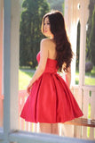 Sweetheart Simple Pleated Red Strapless Satin Party Dresses Short Homecoming Dresses JS915