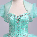 Ball Gown Sweetheart Organza Beads Lace up Ruffles Tiffany Blue Prom Quinceanera Dresses JS178