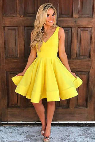 Cute V Neck Yellow Sleeveless Short Homecoming Dresses A Line Party Dresses JS20