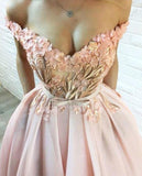 A line Off the Shoulder Sweetheart Hand Made Flowers Prom Dresses with Pockets JS291