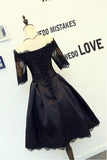 A Line Black Short Sleeves Off the Shoulder Lace Appliques Satin Homecoming Dresses JS885