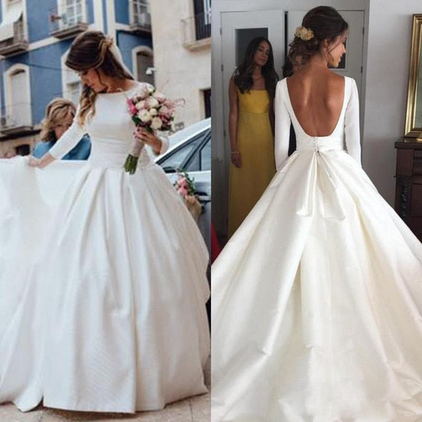 Ball Gown Long Sleeve Backless Ivory Wedding Dresses Long Cheap Bridal Dresses