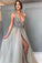 Backless Grey V Neck Sexy Prom Dresses with Slit Rhinestone See Through Evening Gowns P1105