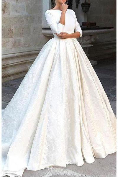 Backless Long Sleeve Ivory Wedding Dresses Modest 3/4 Sleeve Wedding Gowns JS432