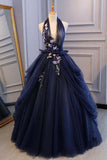 Ball Gown Blue Tulle Lace Long Prom Dresses Deep V Neck Backless Evening Dresses JS469
