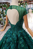 Ball Gown Green Court Train Scoop Lace Appliques Cap Sleeves Lace up Prom Dresses JS787