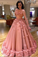 Ball Gown High Neck Pink Appliques Tulle Quinceanera Dresses Long Dance Dresses JS715