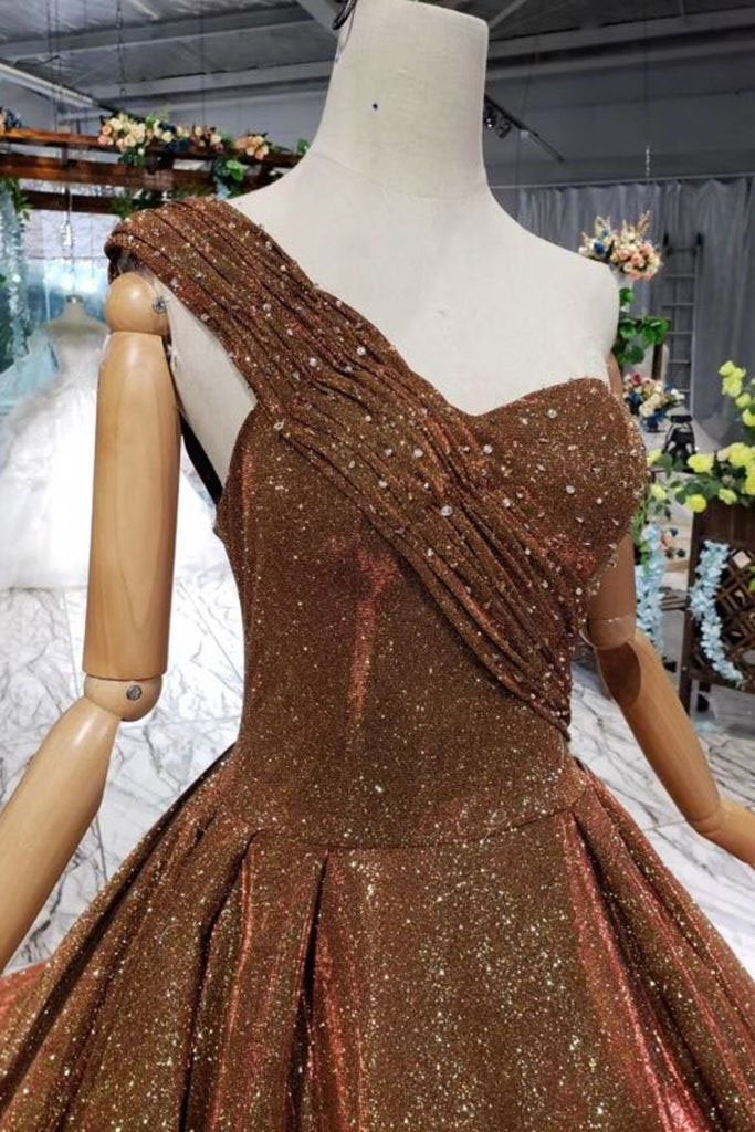 Ball Gown Long Prom Dresses One Shoulder Lace up Sequins Beads Quinceanera Dress JS969