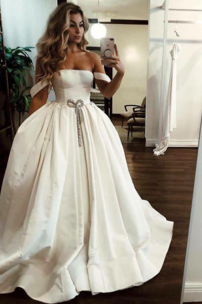 Ball Gown Off the Shoulder Satin Bateau Long Wedding Dresses with Pockets Bridal Dress W1079