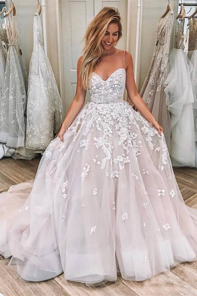 Ball Gown Pink Spaghetti Straps Sweetheart Wedding Dresses Tulle Bridal Gown JS720
