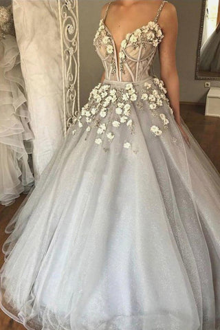 Ball Gown Spaghetti Straps V Neck Silver 3D Floral Beads Prom Dresses Dance Dresses JS717