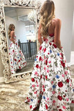 Ball Gown Strapless White Floral Print Prom Dresses with Pockets Dance Dresses JS724