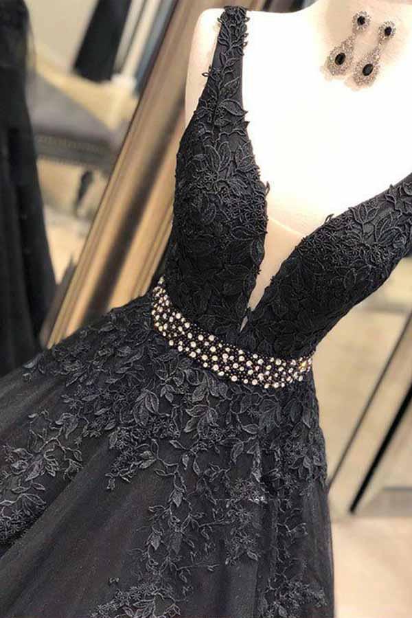 Ball Gown Straps Black V Neck Lace Appliques Prom Dresses Beads V Back Dance Dress JS709