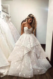 Ball Gown Sweetheart Strapless V Neck Ivory Tulle Wedding Dress with Flowers W1086