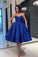 Ball Gown V Neck Royal Blue Strapless Satin Homecoming Dresses with Pockets H1091