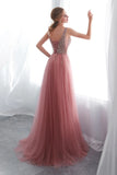 Delicate A Line V Neck Sleeveless Sweep Train Beading Prom Dresses with Split Side