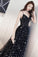 Beautiful Black Prom Dresses Spaghetti Straps V Neck Tulle Long Prom Gowns with Stars P1039