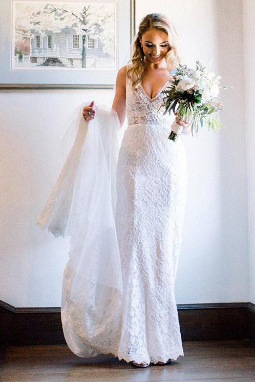 Beauty V Neck Long Lace Beach Wedding Dresses Ivory Mermaid Backless Bridal Dress