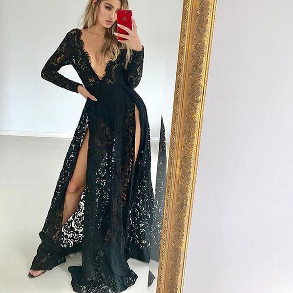 Black Deep V Neck Long Sleeves Lace Prom Dresses Party Dresses