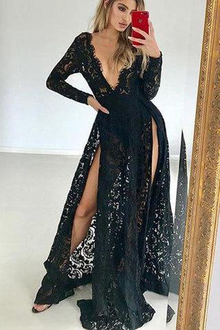 Black Deep V Neck Long Sleeves Lace Prom Dresses Party Dresses