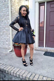 Black Long Sleeve Backless Satin Homecoming Dresses with Lace Short Party Dresses H1122