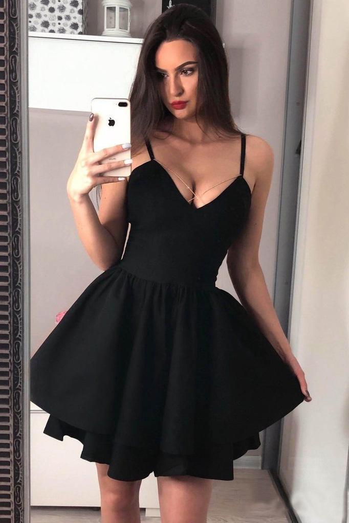 Black Mini Homecoming Dresses Spaghetti Straps A Line Above Knee Short Hoco Dress JS950