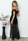 Black Prom Dresses Lace Off Shoulder Short Sleeves Event Dresses with Split Side