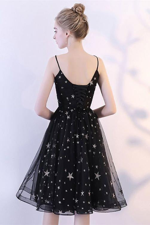 Black V Neck Short Prom Dresses Spaghetti Straps Knee Length Homecoming Dress with Stars H1061