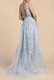 Blue Deep V Neck Backless Prom Dresses Long Lace Appliques Tulle Formal Dresses JS521