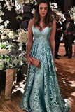 Blue Lace Spaghetti Straps Long Prom Dresses V Neck Sleeveless Evening Dresses JS522
